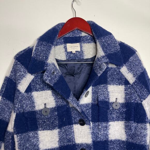 Sezane Joe Coat Blue White Check wool blend Coat Sz 36 US 4 - Picture 5 of 10